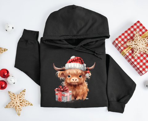 Festive Highland Charm: Cute Brown Cow Christmas Hoodie