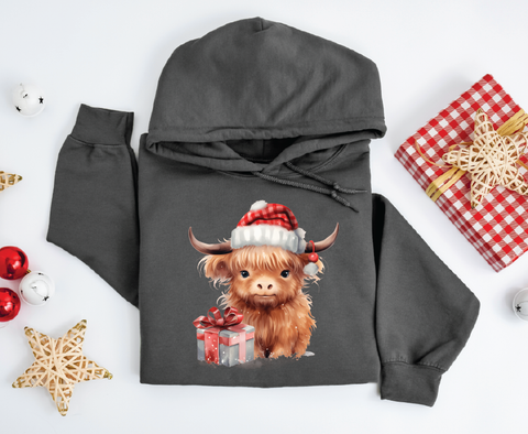 Festive Highland Charm: Cute Brown Cow Christmas Hoodie