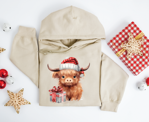 Festive Highland Charm: Cute Brown Cow Christmas Hoodie