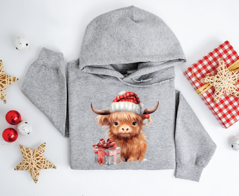 Festive Highland Charm: Cute Brown Cow Christmas Hoodie