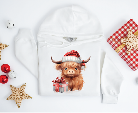 Festive Highland Charm: Cute Brown Cow Christmas Hoodie