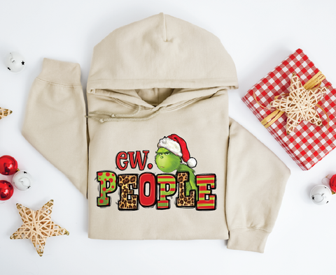 "Ew People" Grinch hoodie featuring a humorous design inspired by the iconic character, perfect for adding a cheeky touch to your holiday wardrobe.