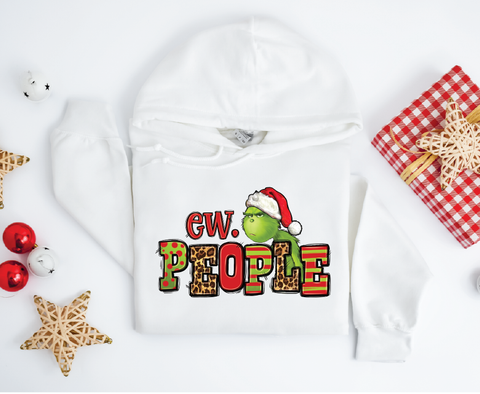 "Ew People" Grinch hoodie featuring a humorous design inspired by the iconic character, perfect for adding a cheeky touch to your holiday wardrobe.