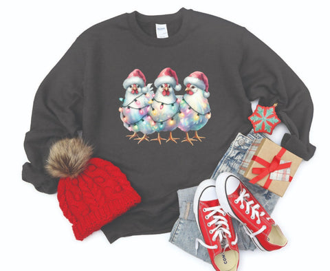 Farm Chickens Wrapped in Lights Christmas Sweatshirt - Cozy Crewneck