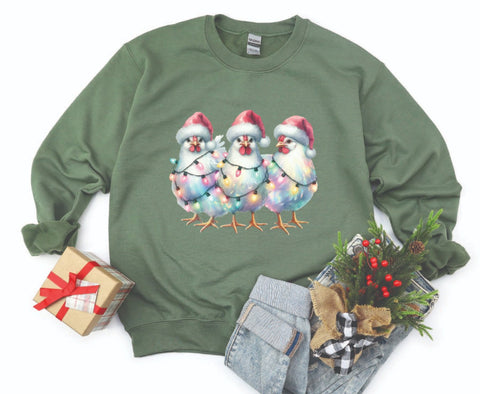 Farm Chickens Wrapped in Lights Christmas Sweatshirt - Cozy Crewneck