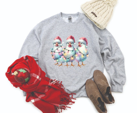 Farm Chickens Wrapped in Lights Christmas Sweatshirt - Cozy Crewneck