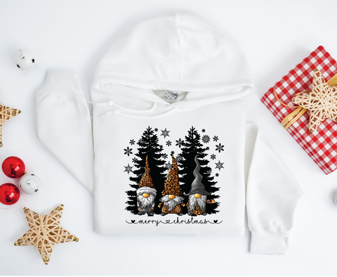 Gnomes "Merry Christmas" sweatshirt featuring adorable gnomes and silhouetted Christmas trees, perfect for celebrating the holiday season with a whimsical touch.